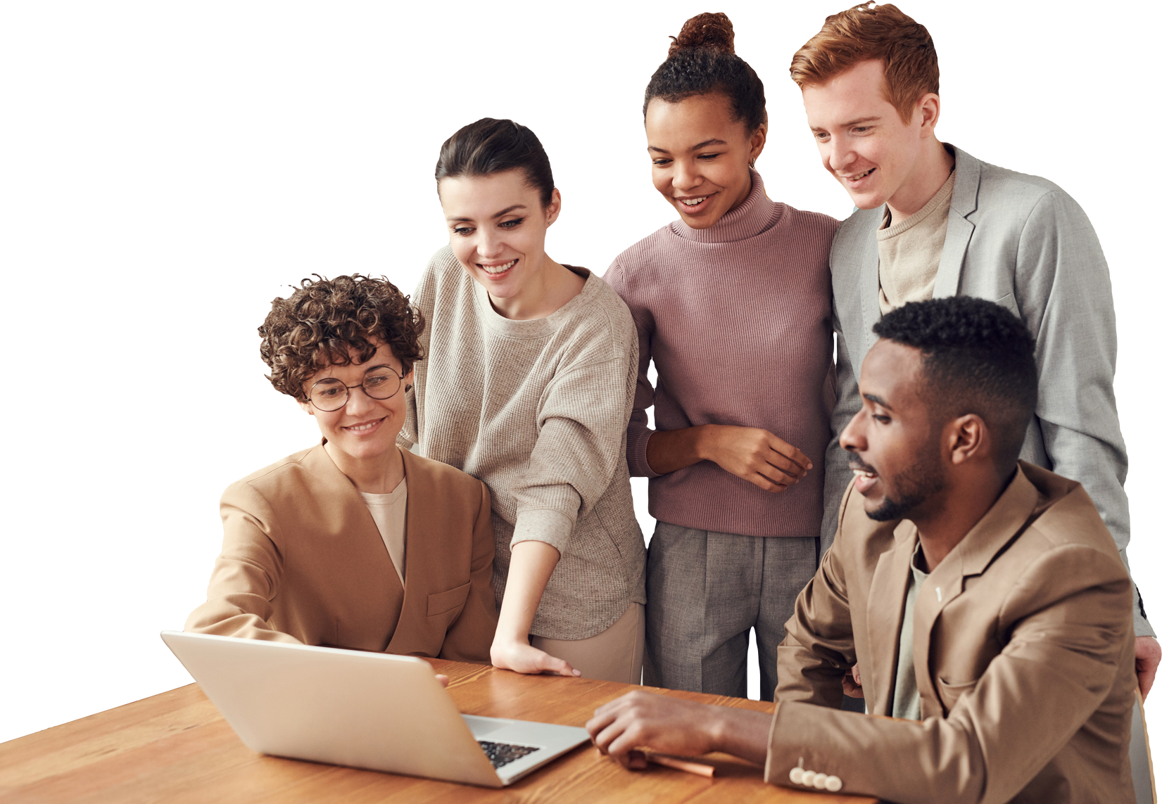 Diverse Team of Five Working with Laptop on the Table